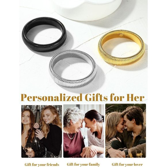 Women Gold Stainless Steel Stretch Flexible Wide Wristband Bangle Chain Bracelet - Picture 8 of 9